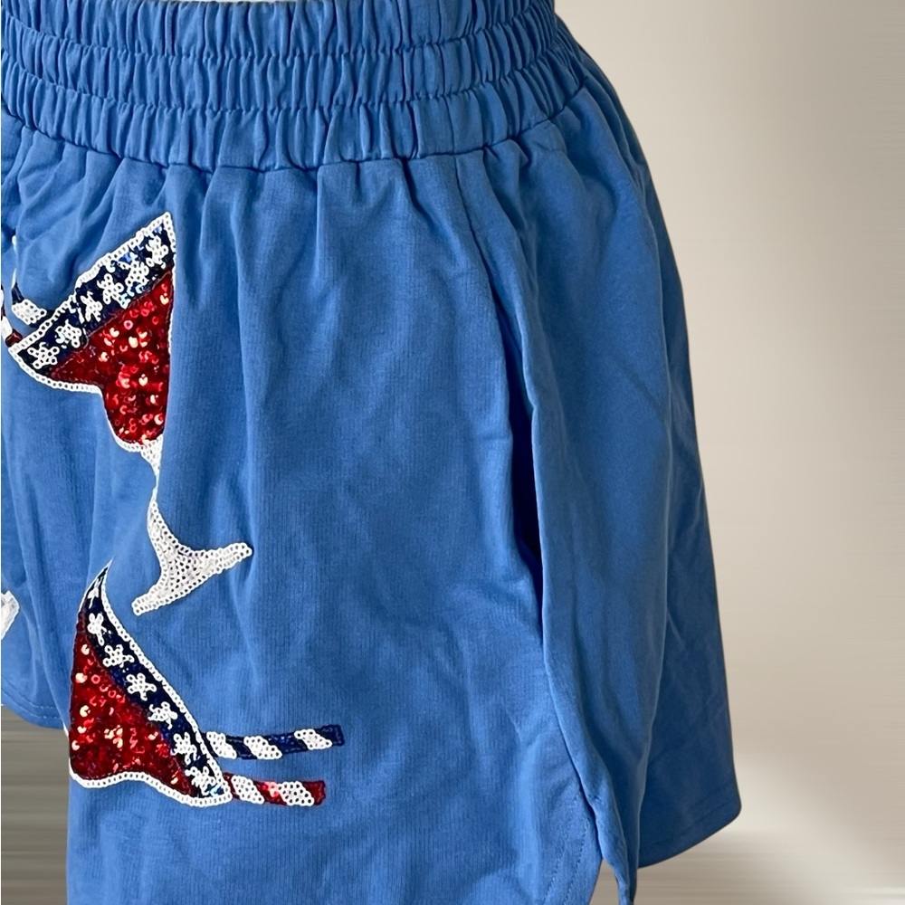 FANTASTIC FAWN patriotic blue sequin cocktail glass accent shorts S M L - Picture 8 of 10